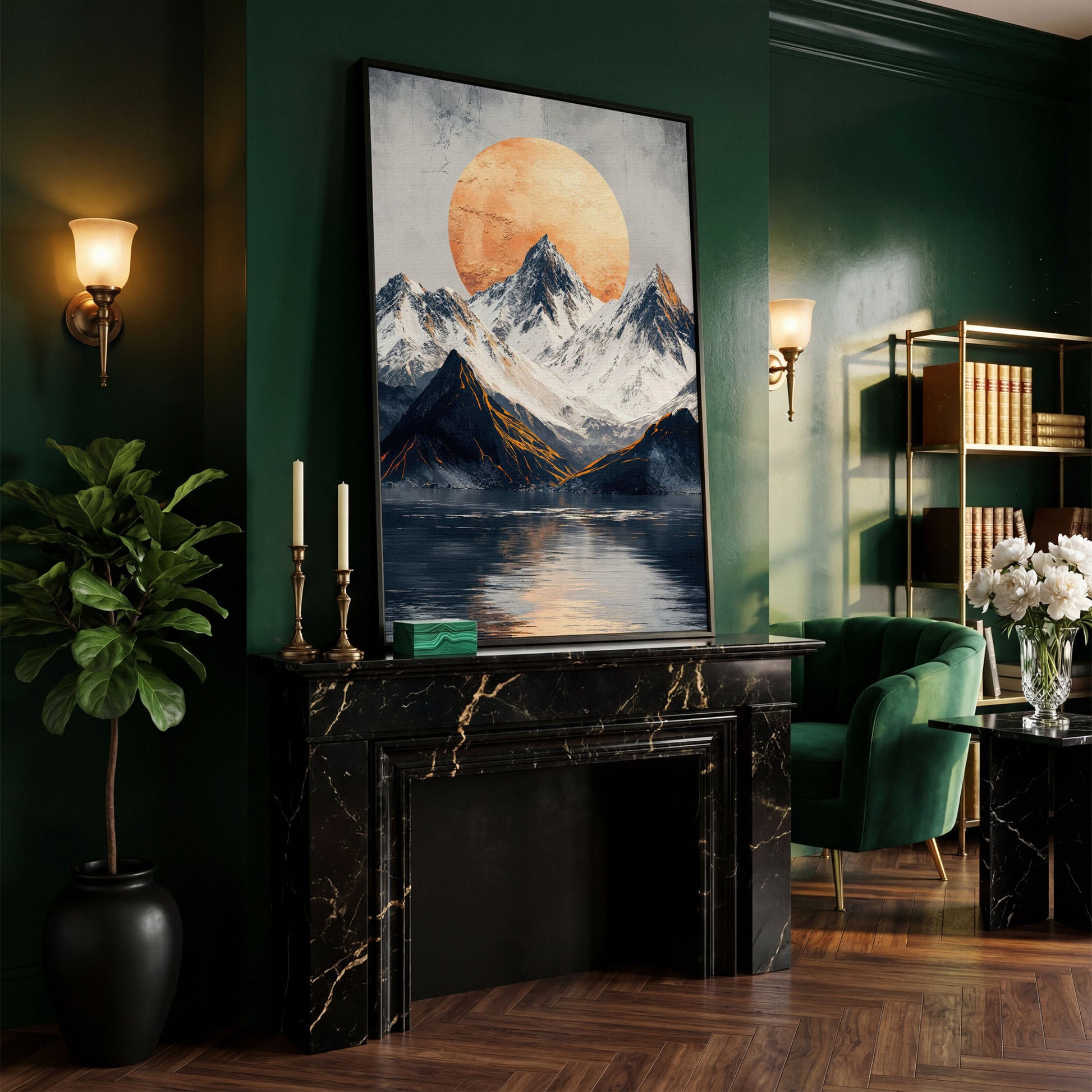 Surreal Mountain Lake Canvas with Orange Sun in black floating frame
