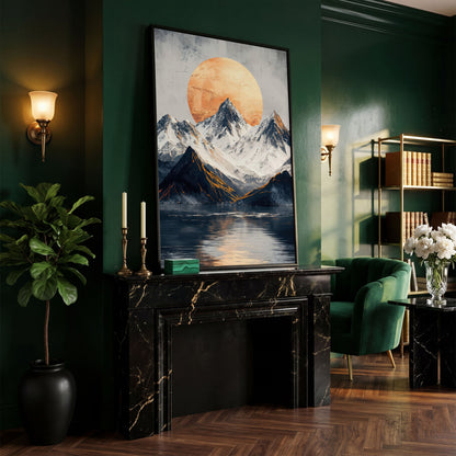 Surreal Mountain Lake Canvas with Orange Sun in black floating frame