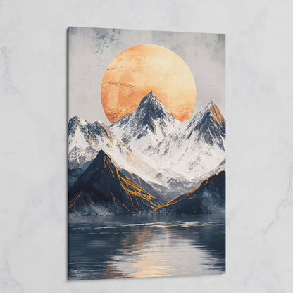 Surreal Mountain Lake Canvas with Orange Sun on gallery wrap