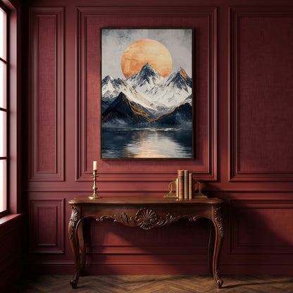 Surreal Mountain Lake Canvas with Orange Sun in dark walnut floating frame