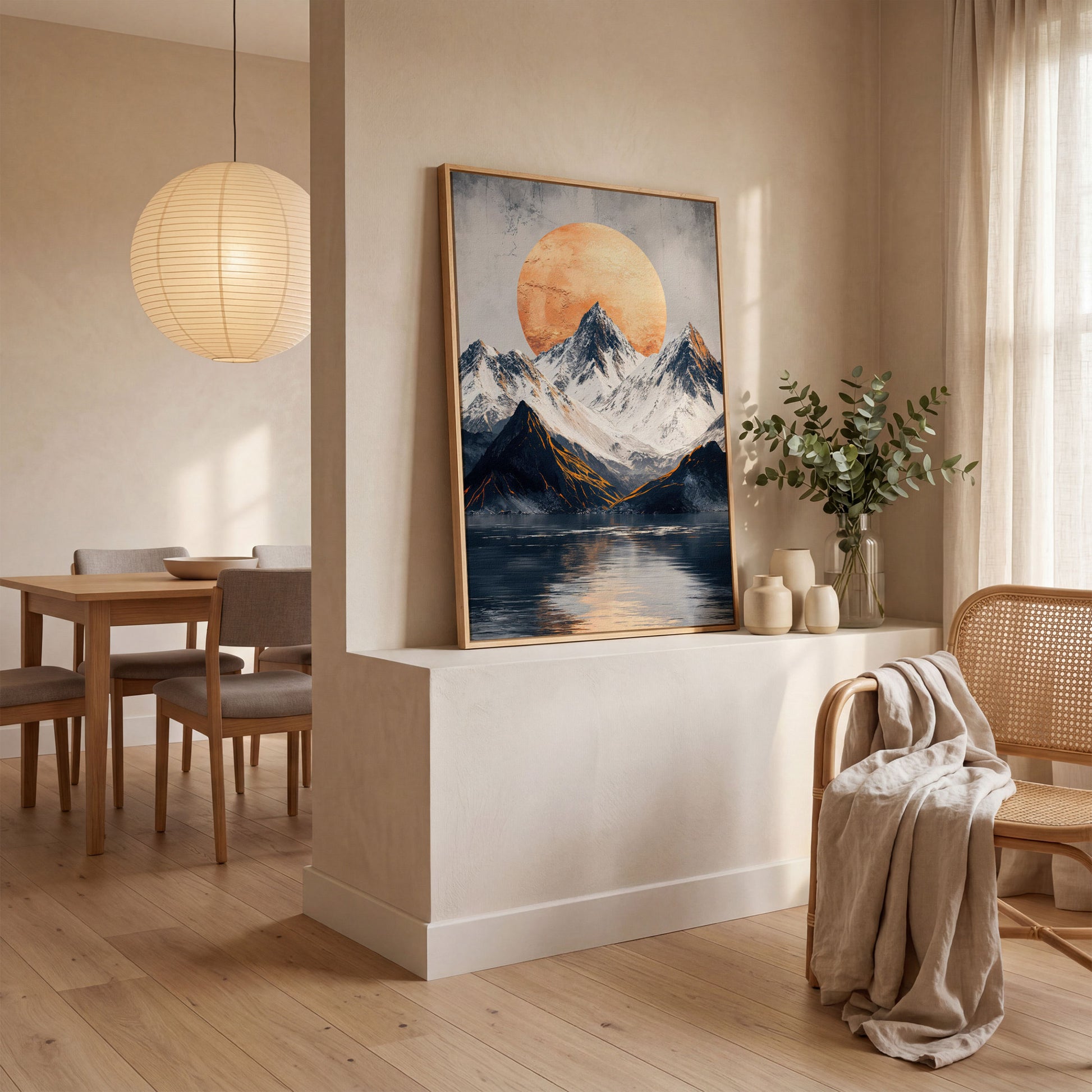 Surreal Mountain Lake Canvas with Orange Sun in white oak floating frame