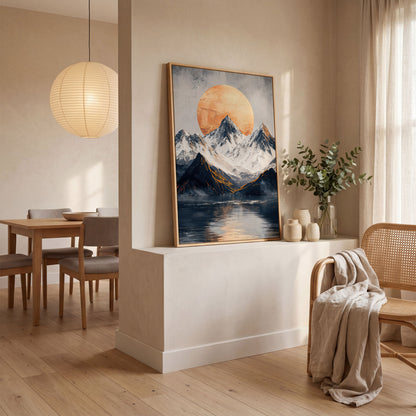 Surreal Mountain Lake Canvas with Orange Sun in white oak floating frame