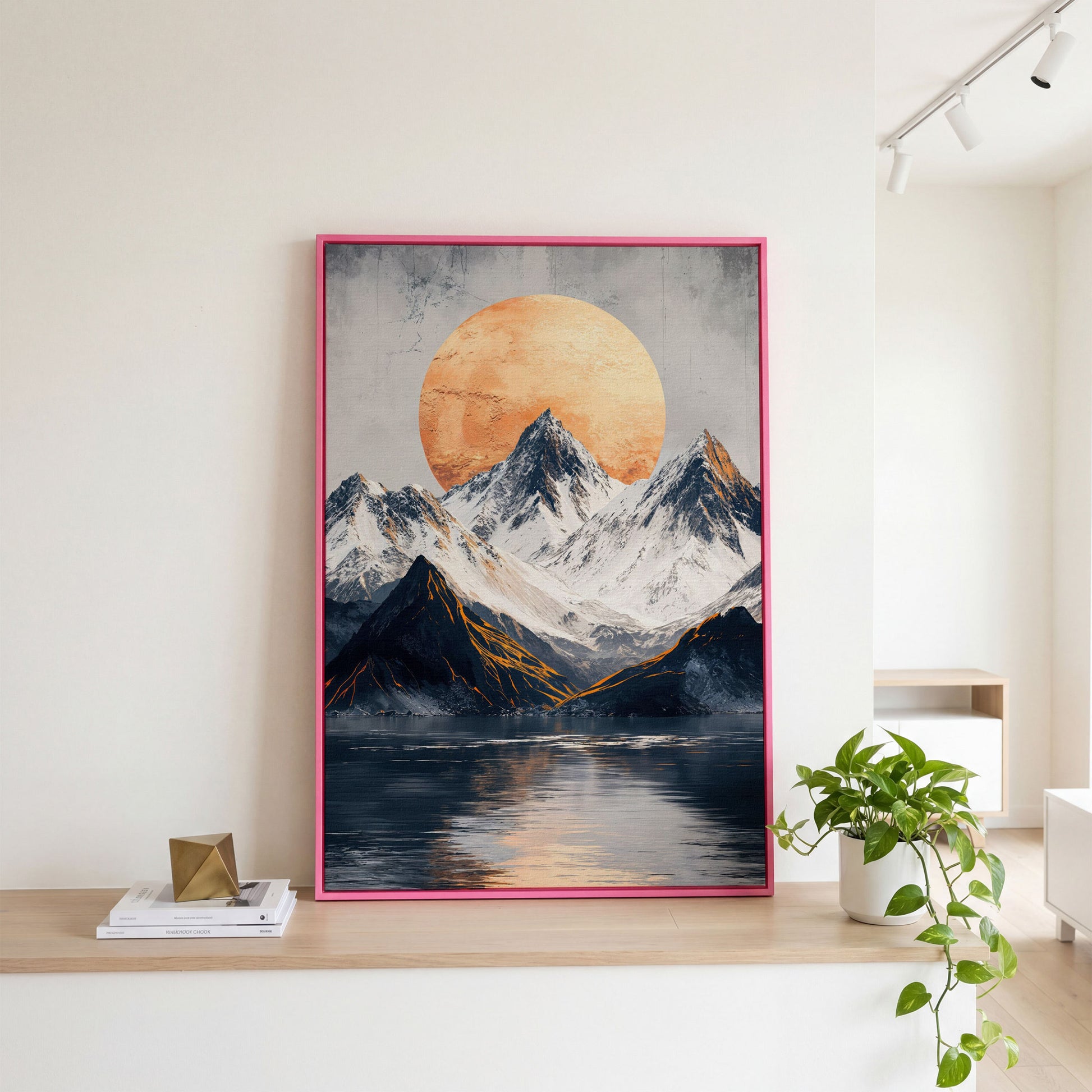Surreal Mountain Lake Canvas with Orange Sun in pink floating frame