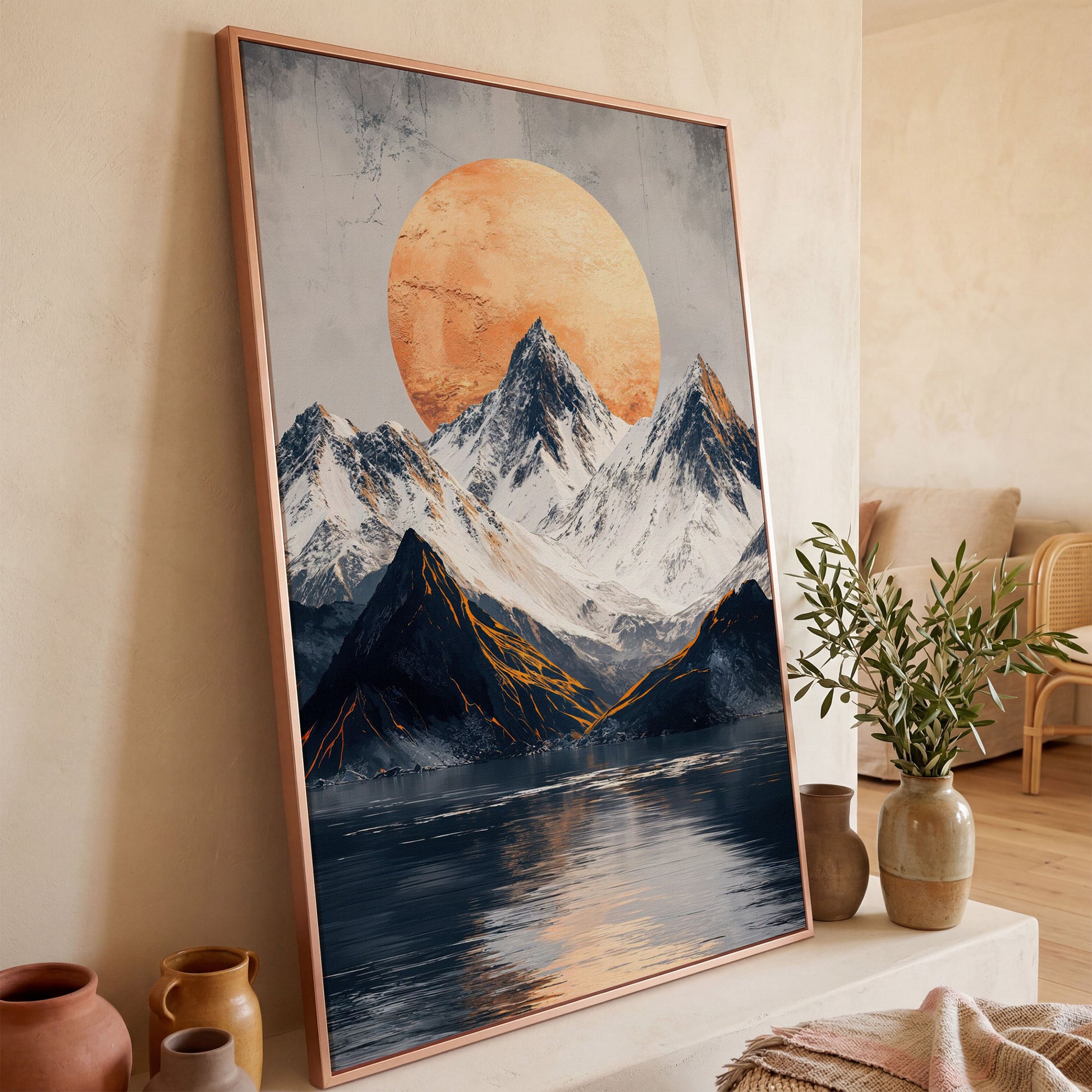 Surreal Mountain Lake Canvas with Orange Sun in rose gold floating frame