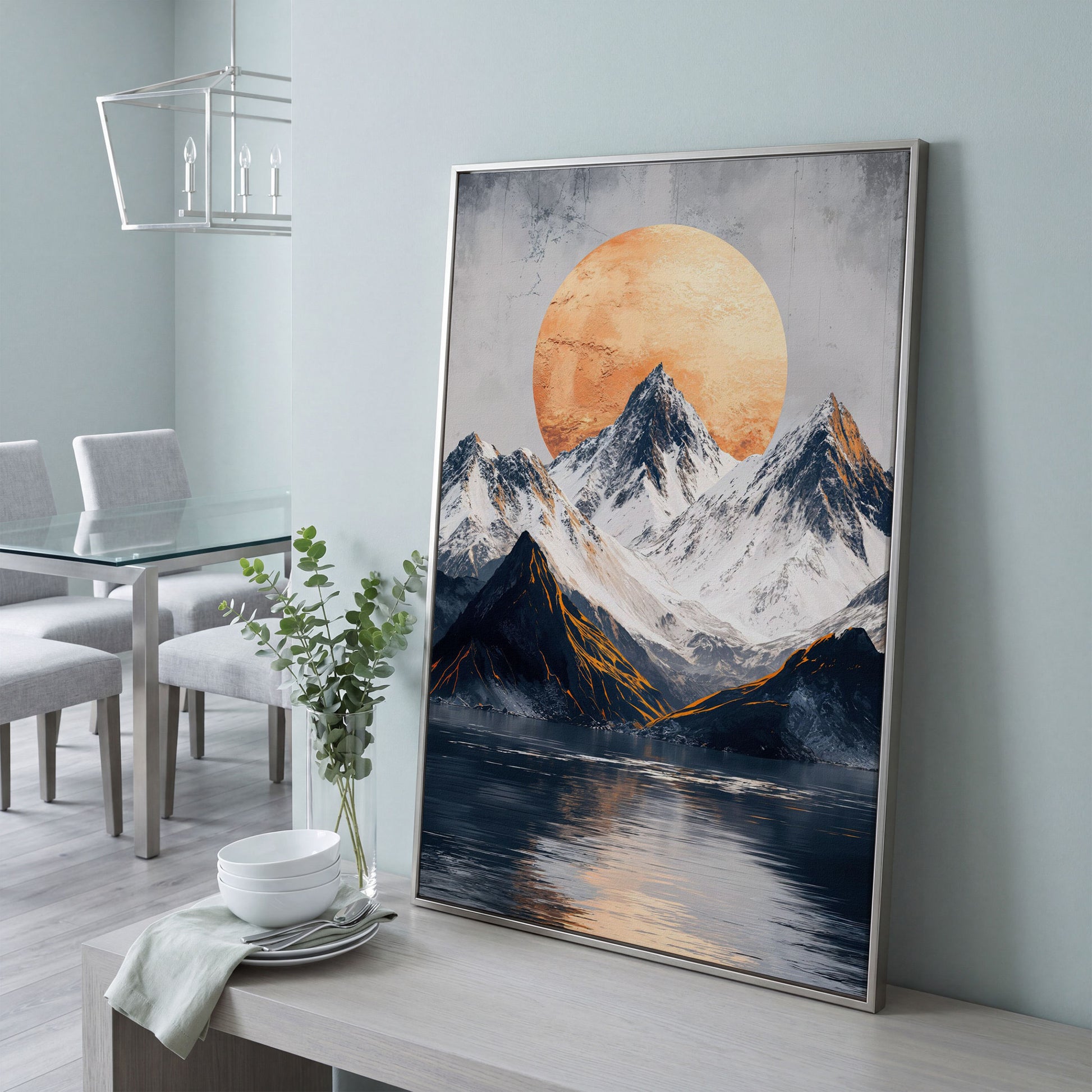 Surreal Mountain Lake Canvas with Orange Sun in silver floating frame
