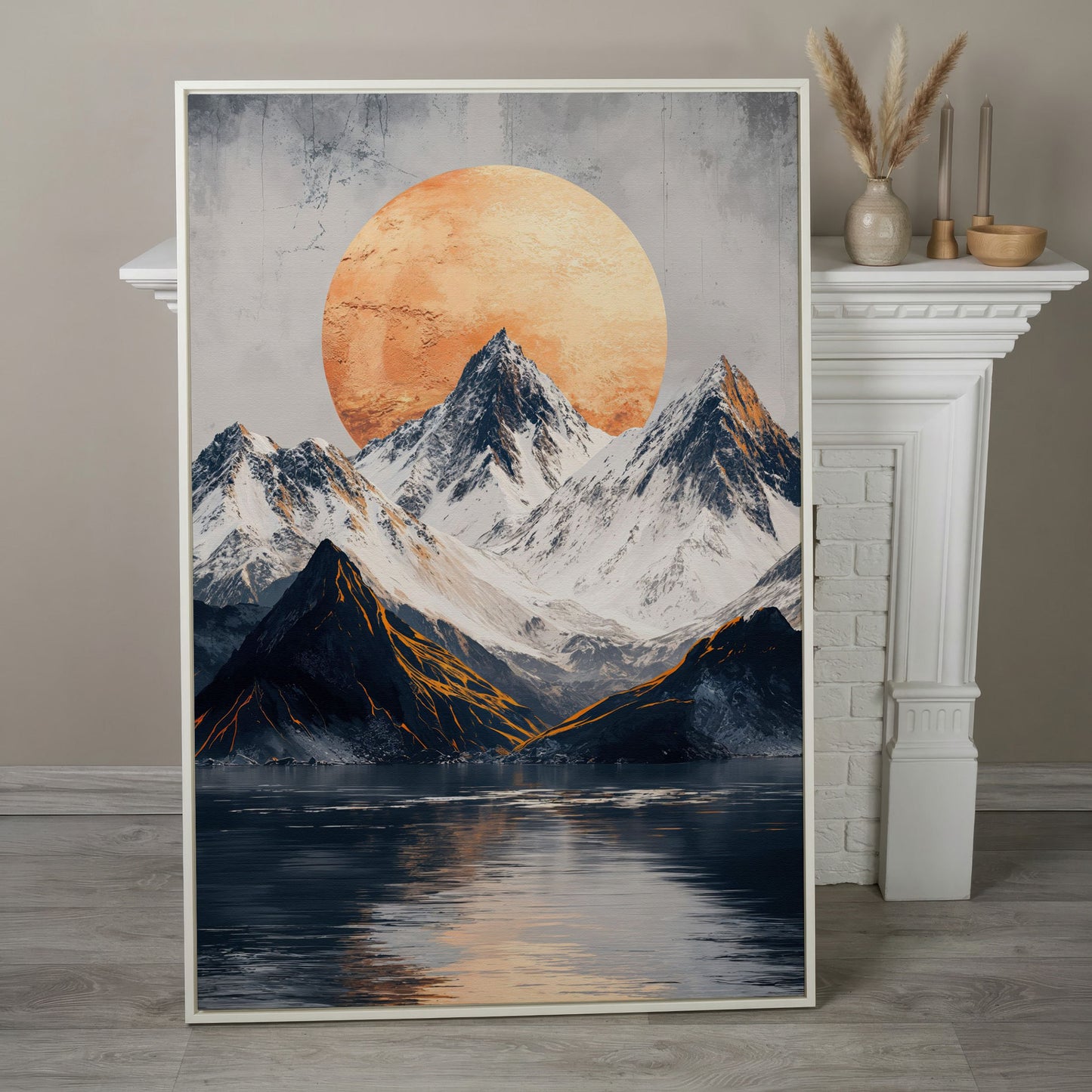 Surreal Mountain Lake Canvas with Orange Sun in white floating frame