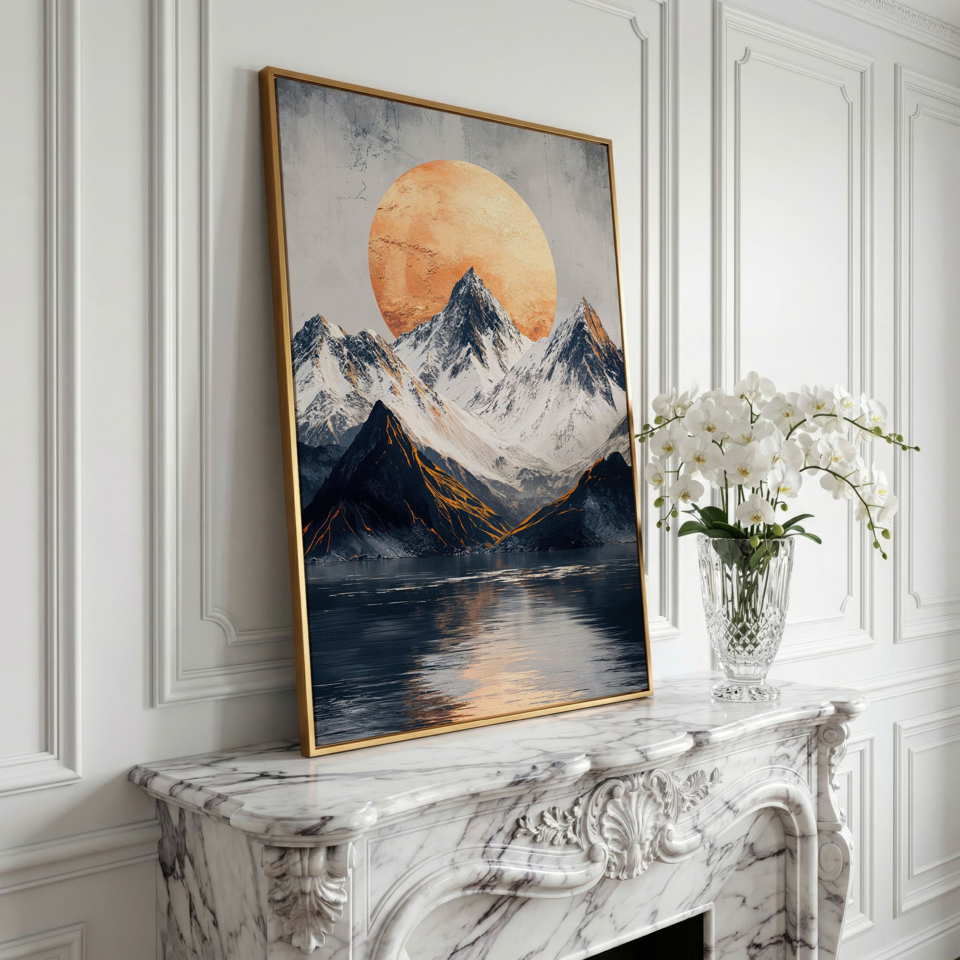 Surreal Mountain Lake Canvas with Orange Sun in yellow gold floating frame