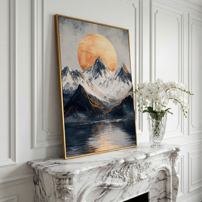 Surreal Mountain Lake Canvas with Orange Sun in yellow gold floating frame