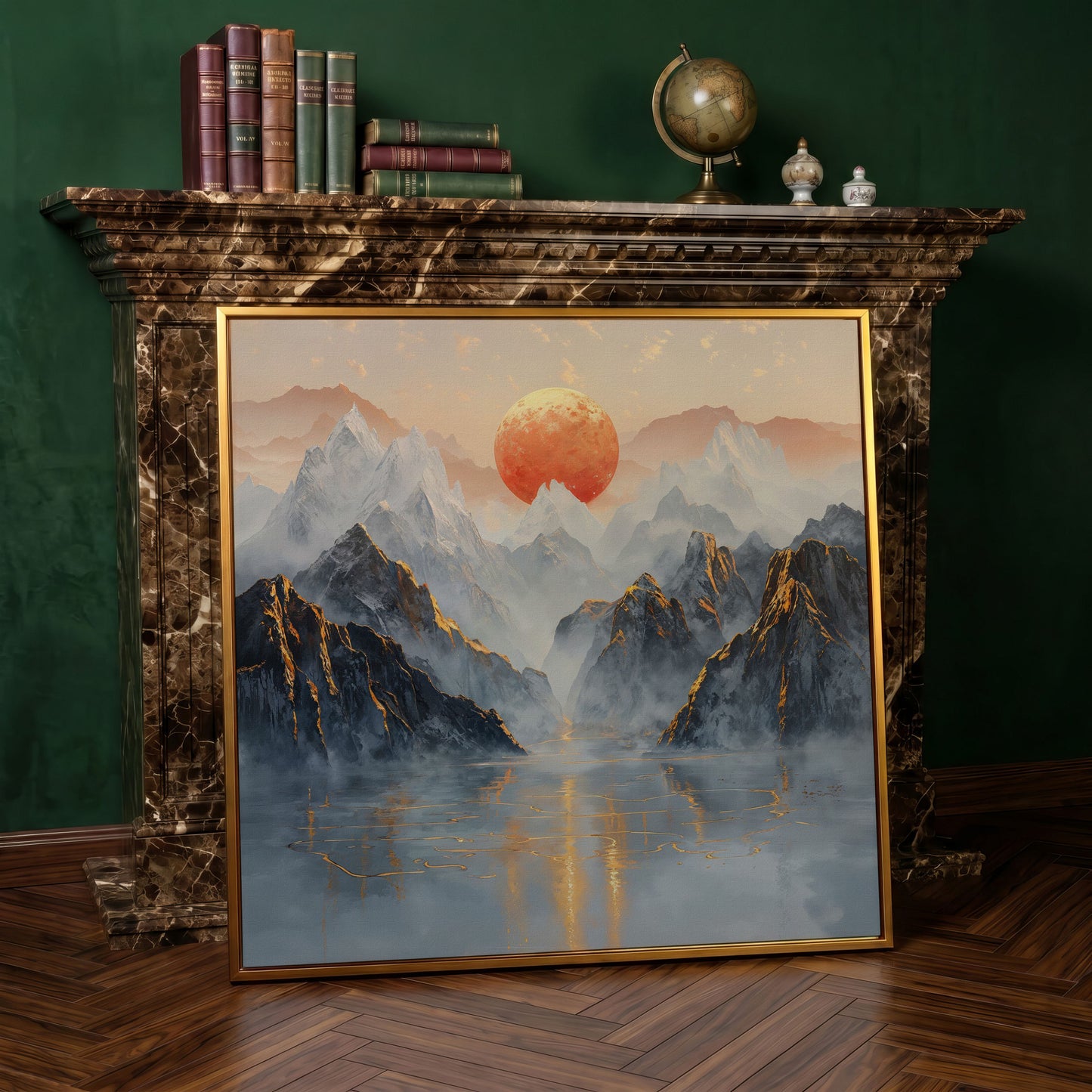 Sun Over Misty Mountains Canvas in antique gold floating frame