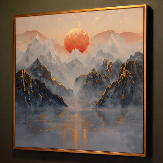 Sun Over Misty Mountains Canvas shown in antique gold floating frame