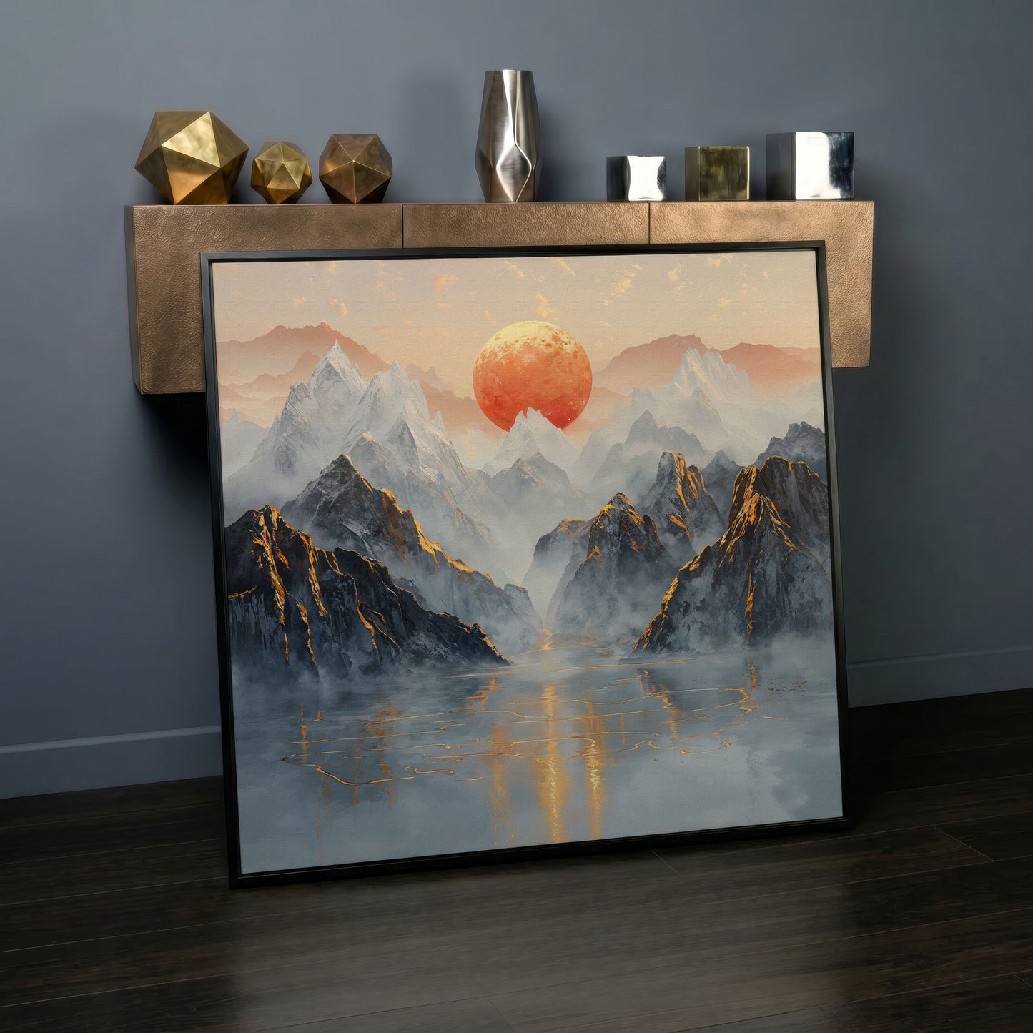 Sun Over Misty Mountains Canvas in black floating frame
