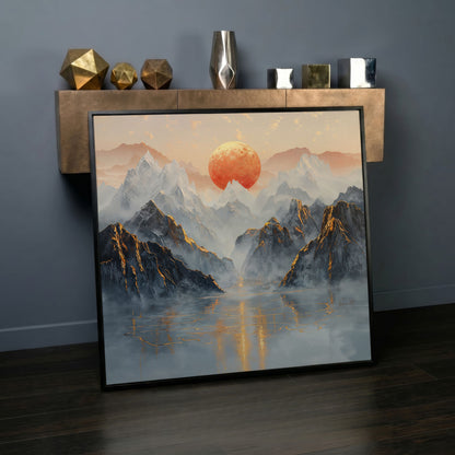 Sun Over Misty Mountains Canvas in black floating frame