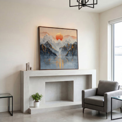 Sun Over Misty Mountains Canvas in dark walnut floating frame