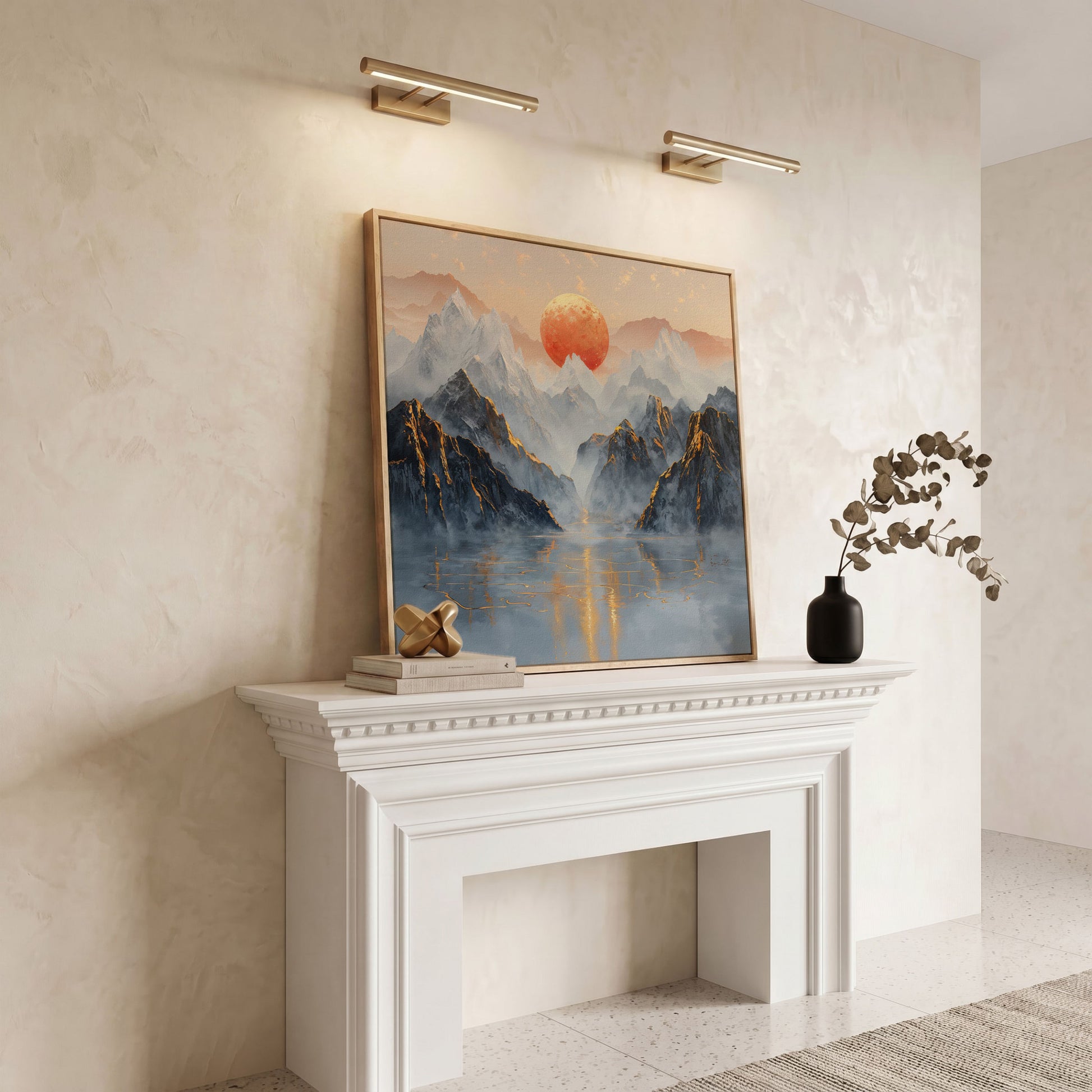 Sun Over Misty Mountains Canvas in white oak floating frame