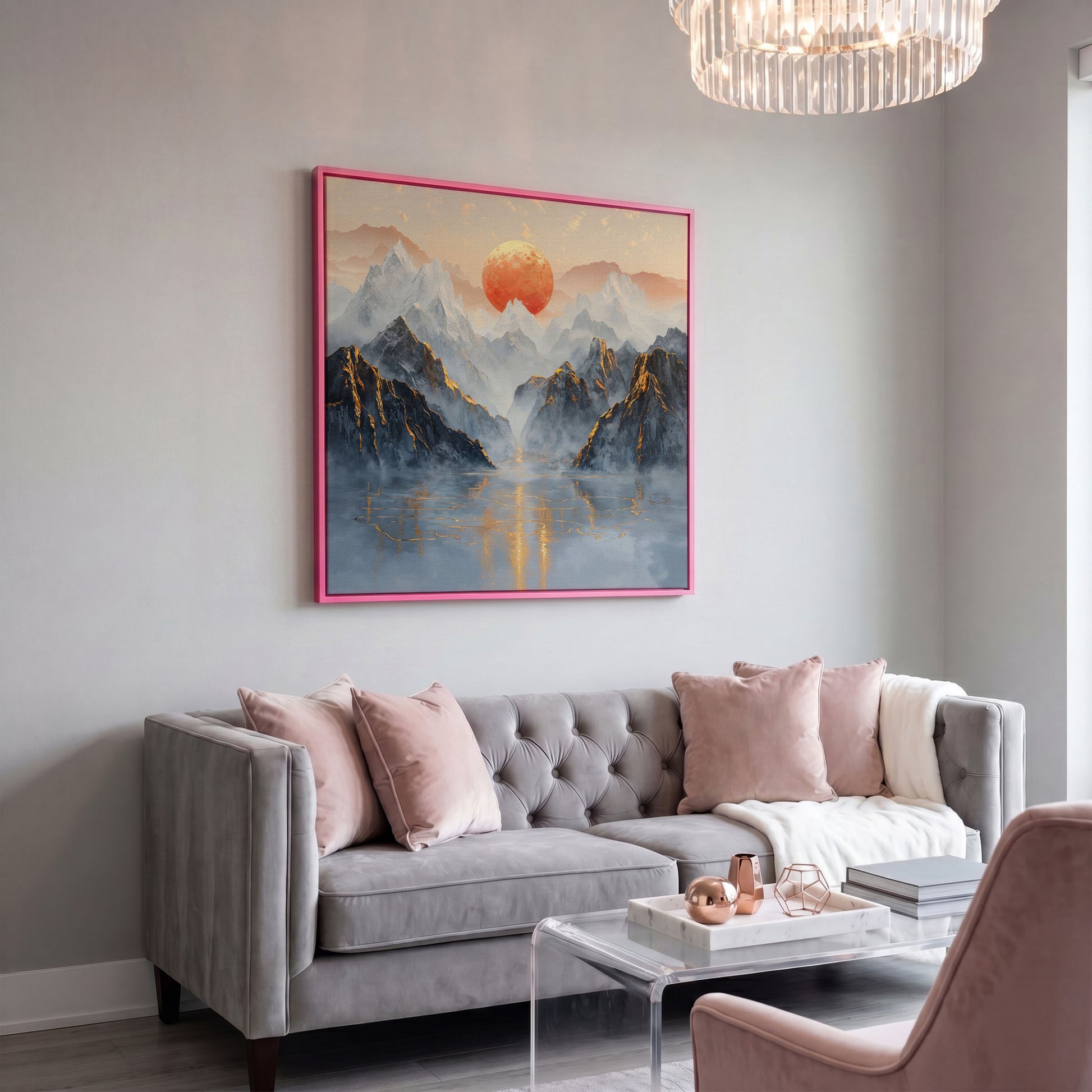 Sun Over Misty Mountains Canvas in pink floating frame