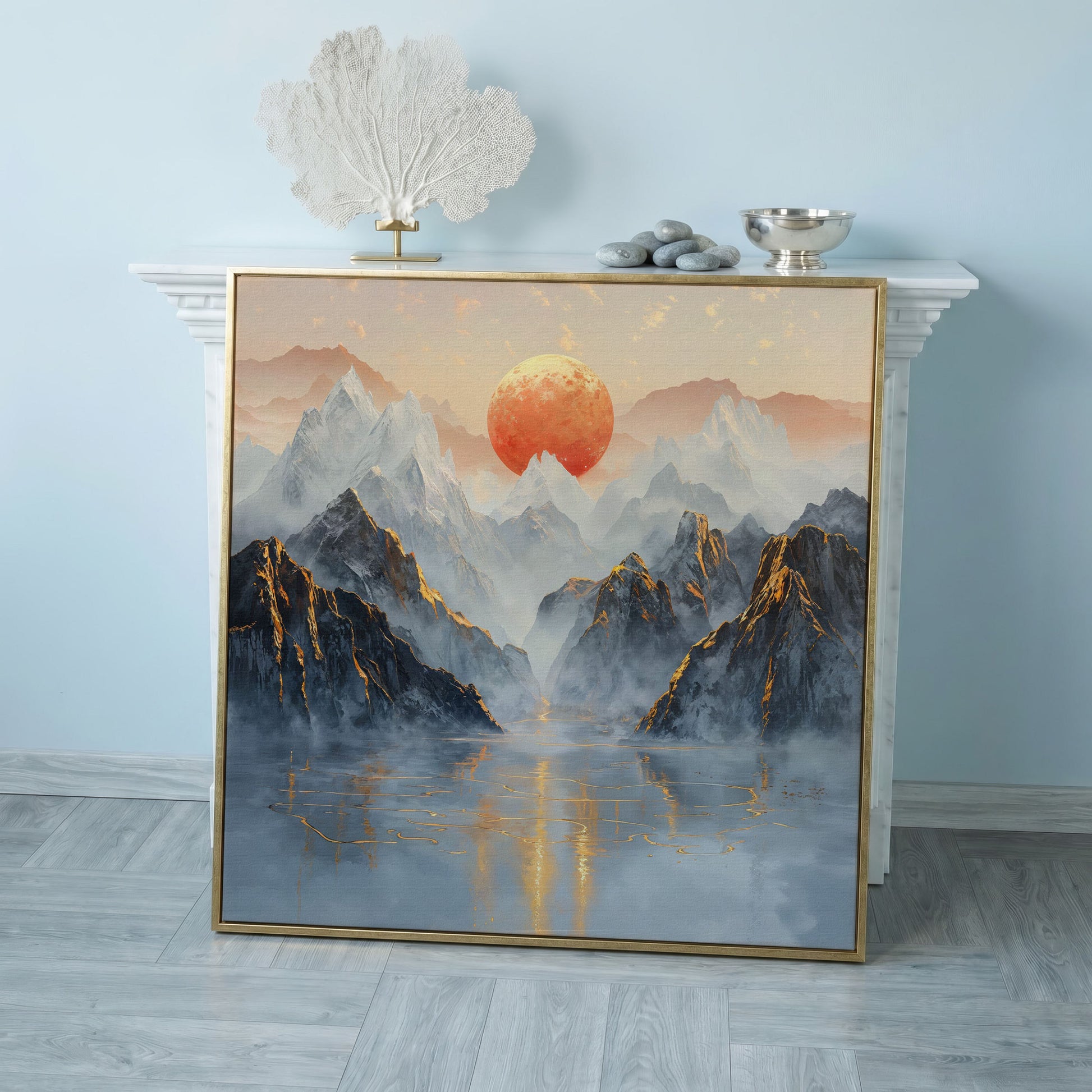 Sun Over Misty Mountains Canvas in rose gold floating frame