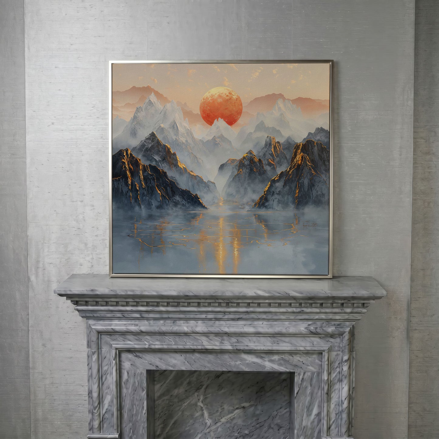 Sun Over Misty Mountains Canvas in silver floating frame