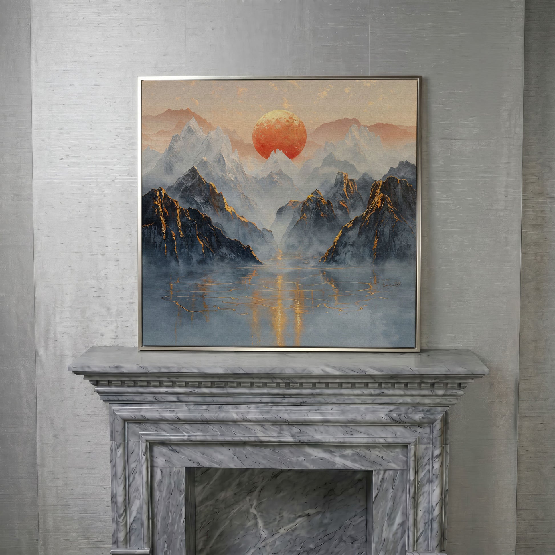 Sun Over Misty Mountains Canvas in silver floating frame