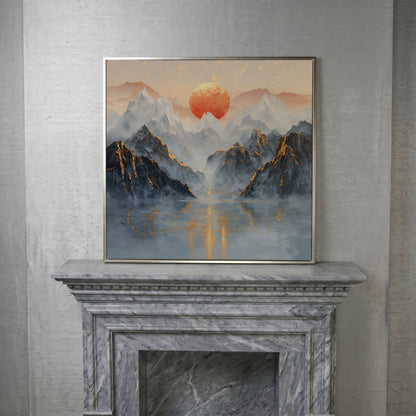 Sun Over Misty Mountains Canvas in silver floating frame