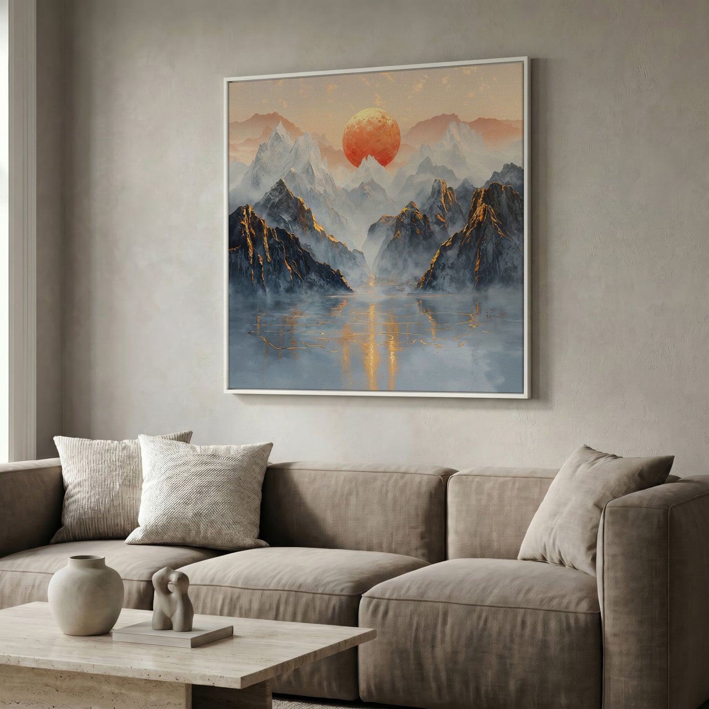 Sun Over Misty Mountains Canvas in white floating frame
