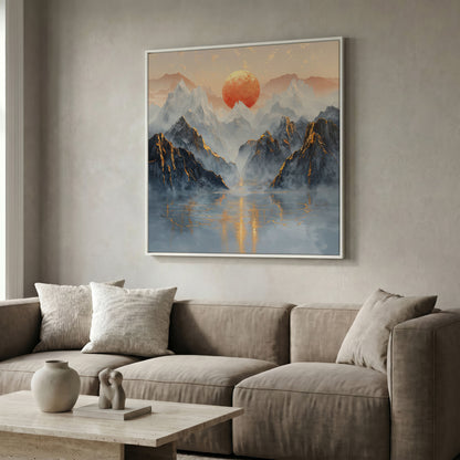Sun Over Misty Mountains Canvas in white floating frame