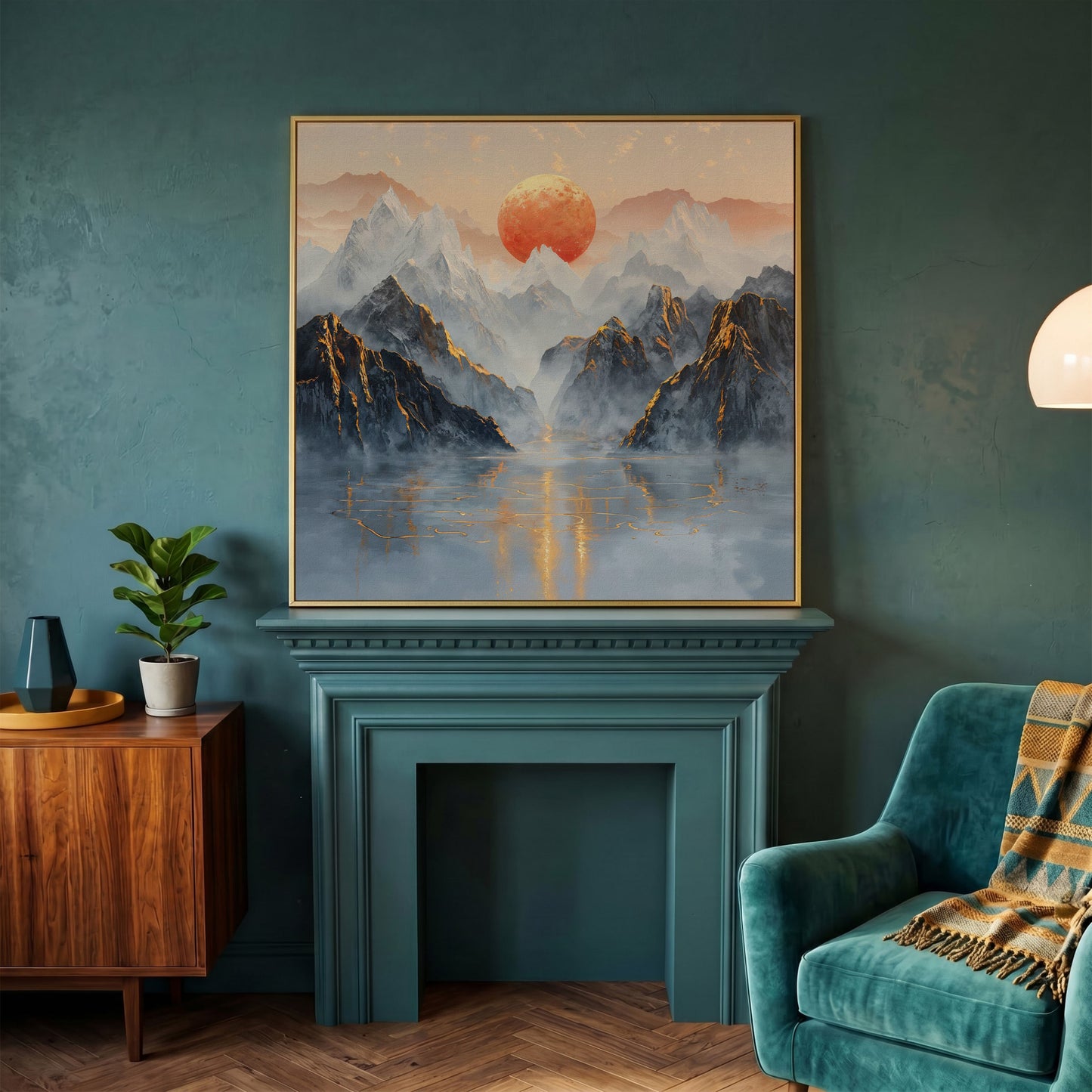 Sun Over Misty Mountains Canvas in yellow gold floating frame