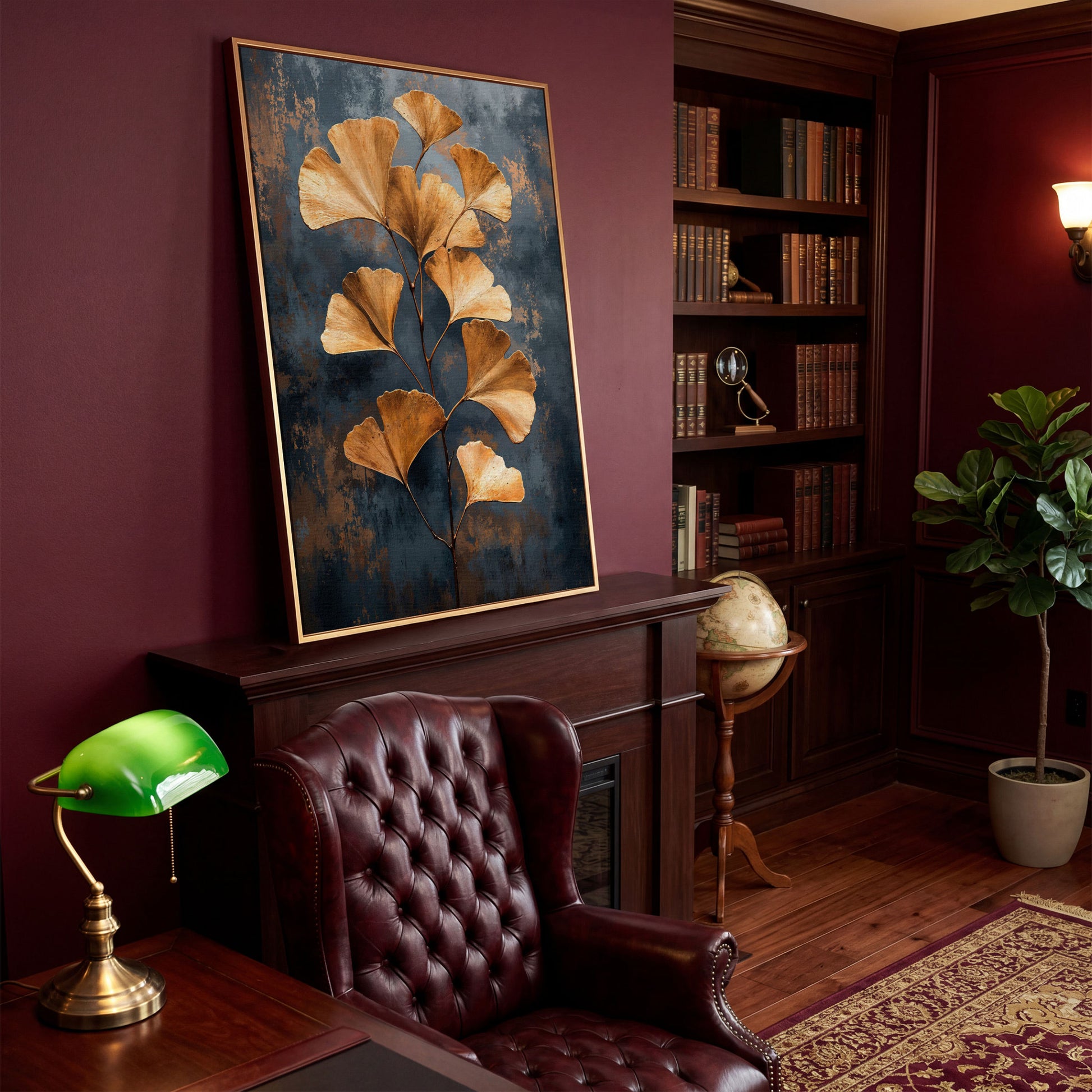 Golden Ginkgo Leaf Abstract Canvas in antique gold floating frame
