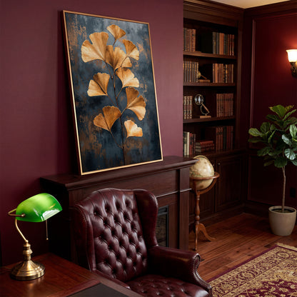 Golden Ginkgo Leaf Abstract Canvas in antique gold floating frame