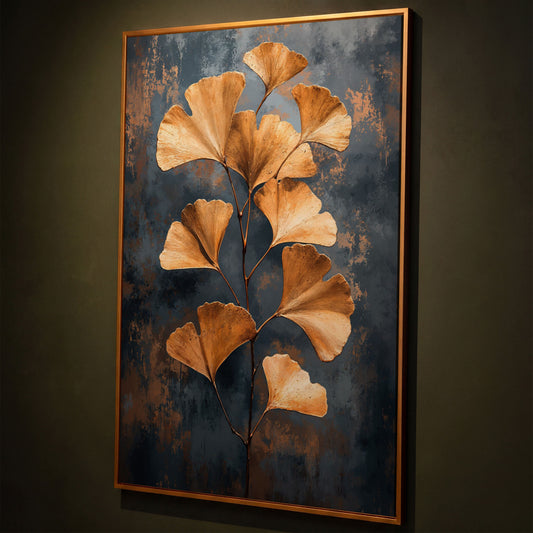 Golden Ginkgo Leaf Abstract Canvas shown in antique gold floating frame