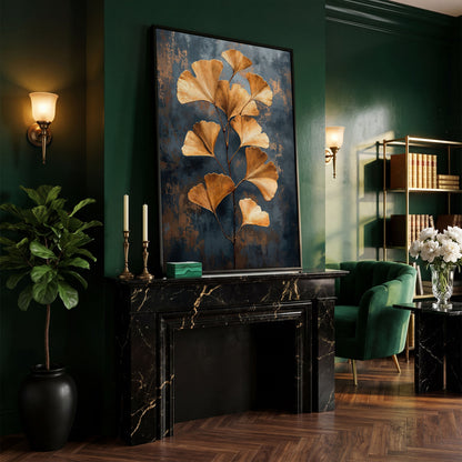 Golden Ginkgo Leaf Abstract Canvas in black floating frame