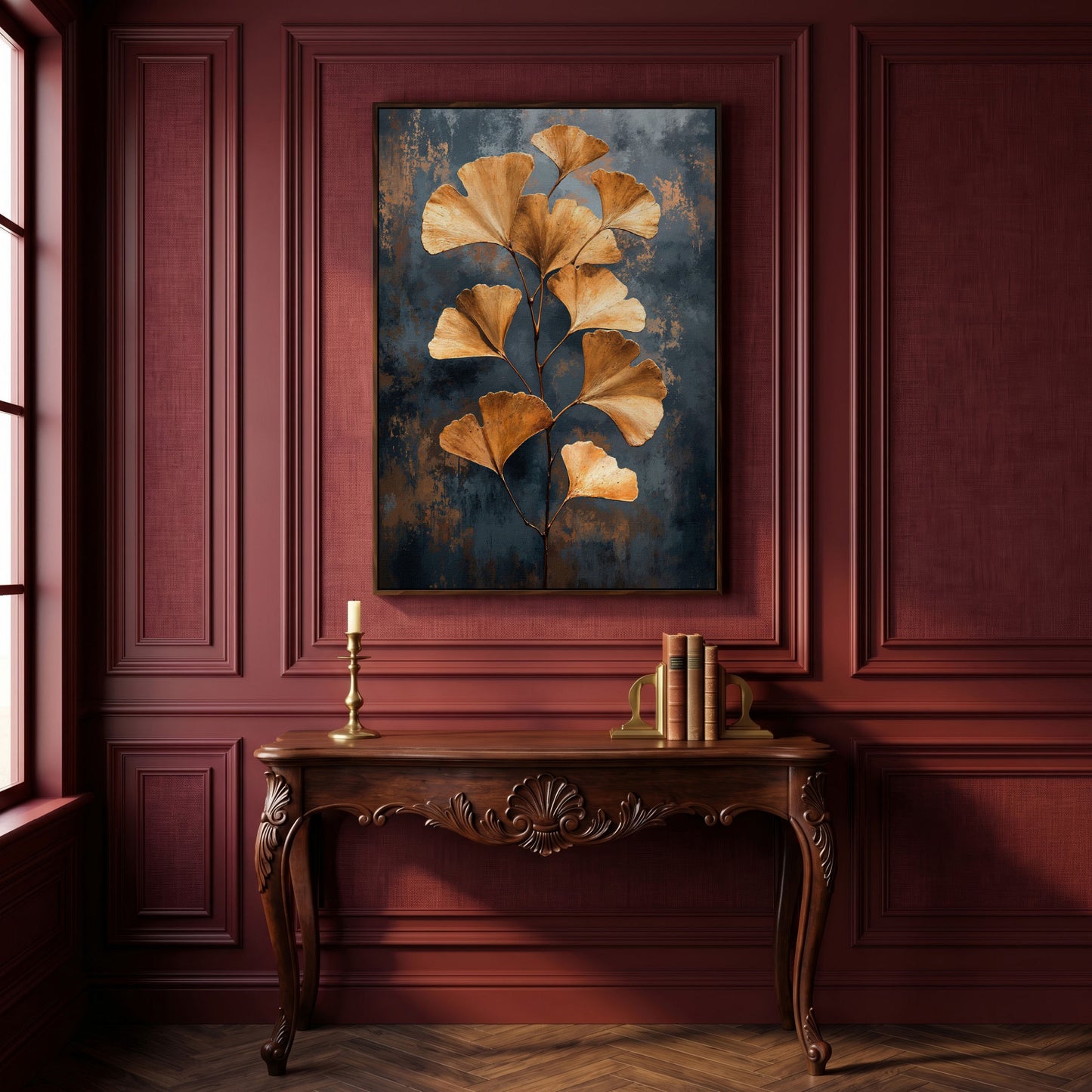 Golden Ginkgo Leaf Abstract Canvas in dark walnut floating frame