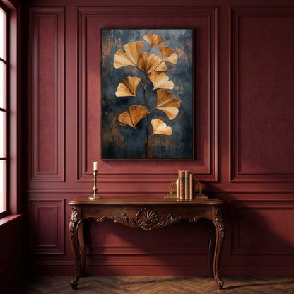 Golden Ginkgo Leaf Abstract Canvas in dark walnut floating frame