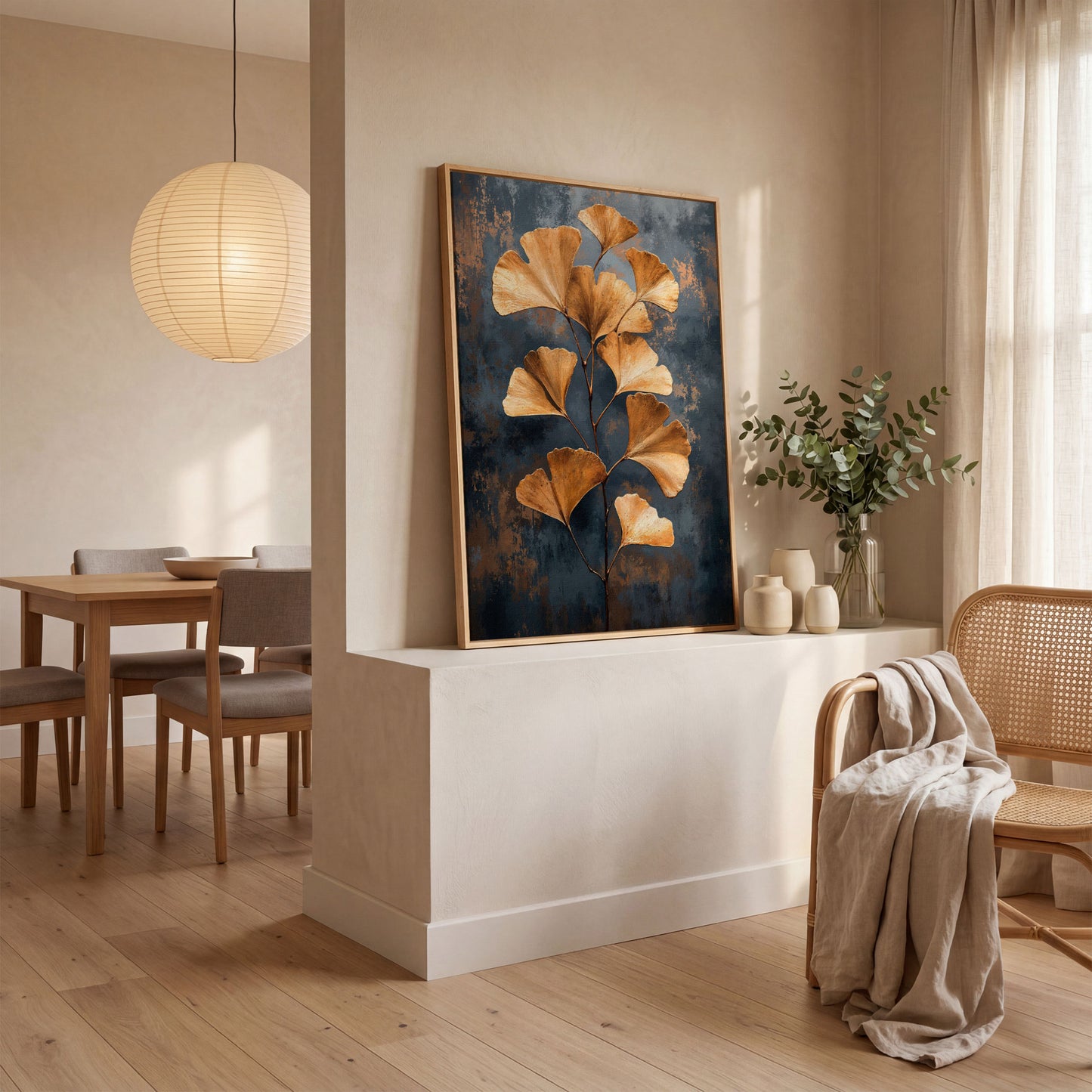 Golden Ginkgo Leaf Abstract Canvas in white oak floating frame