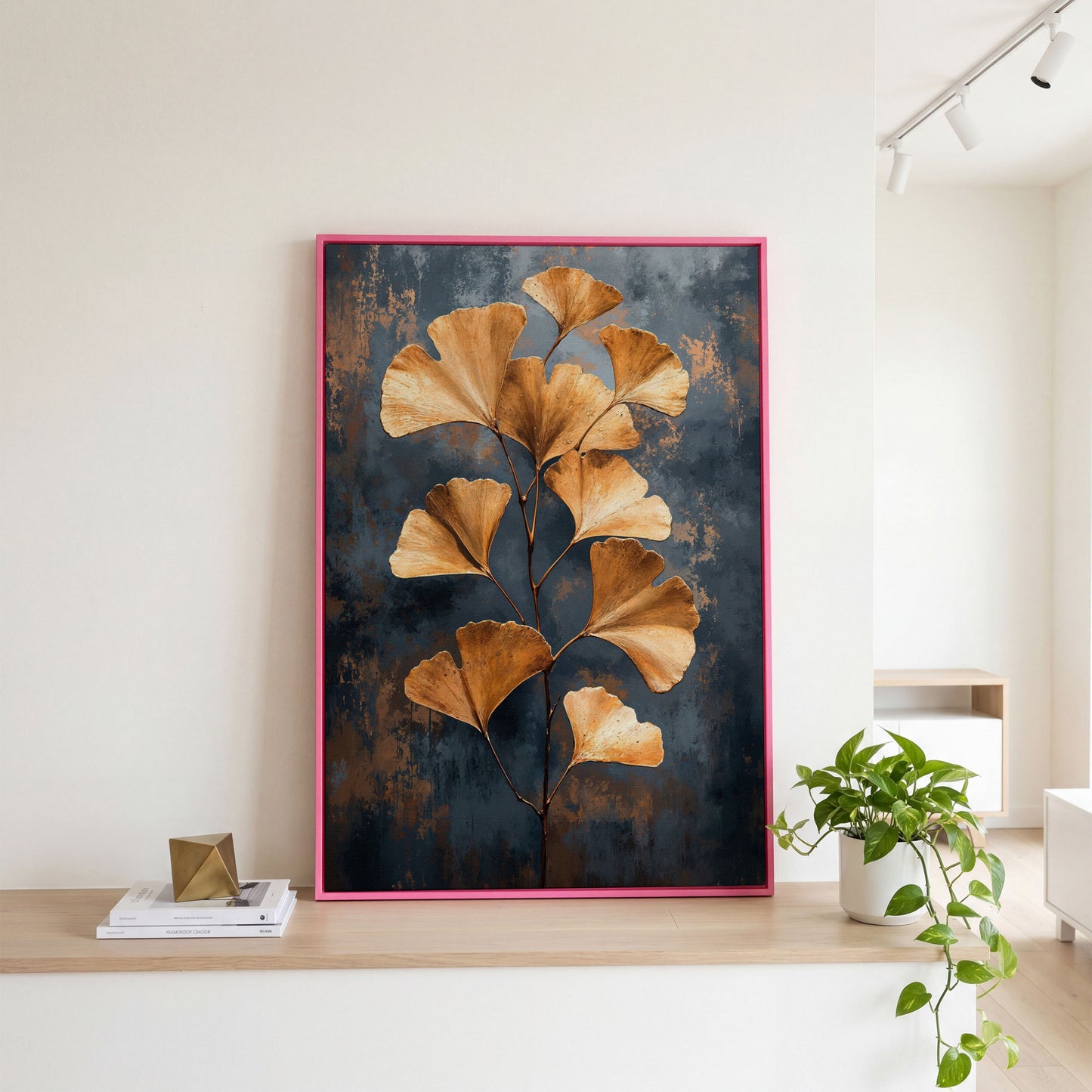 Golden Ginkgo Leaf Abstract Canvas in pink floating frame