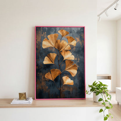 Golden Ginkgo Leaf Abstract Canvas in pink floating frame