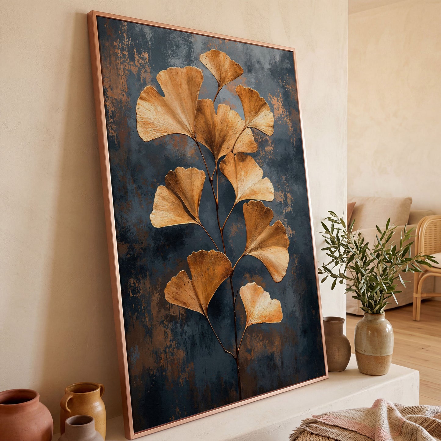 Golden Ginkgo Leaf Abstract Canvas in rose gold floating frame