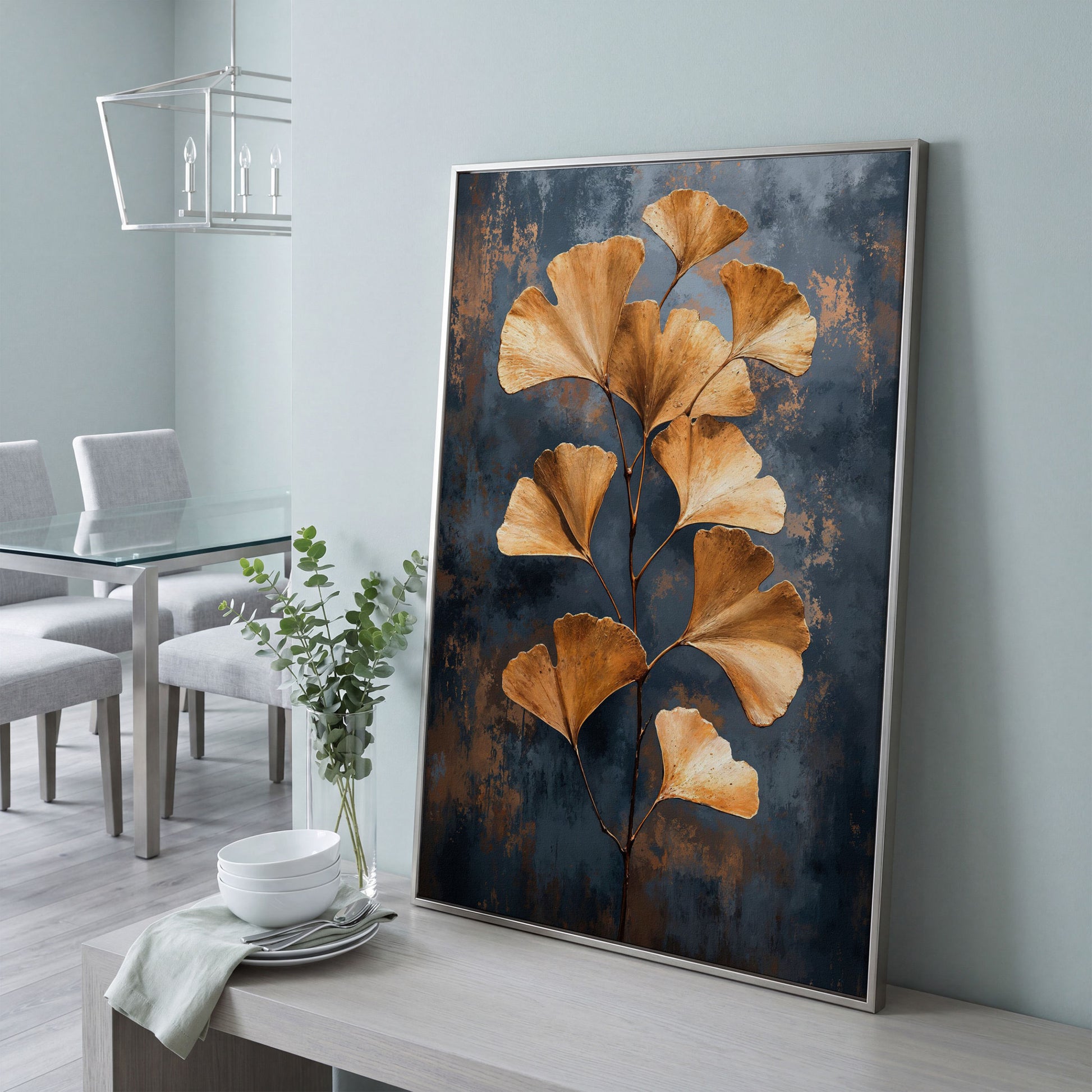 Golden Ginkgo Leaf Abstract Canvas in silver floating frame