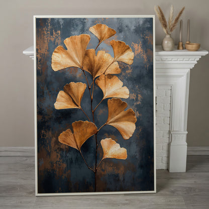 Golden Ginkgo Leaf Abstract Canvas in white floating frame