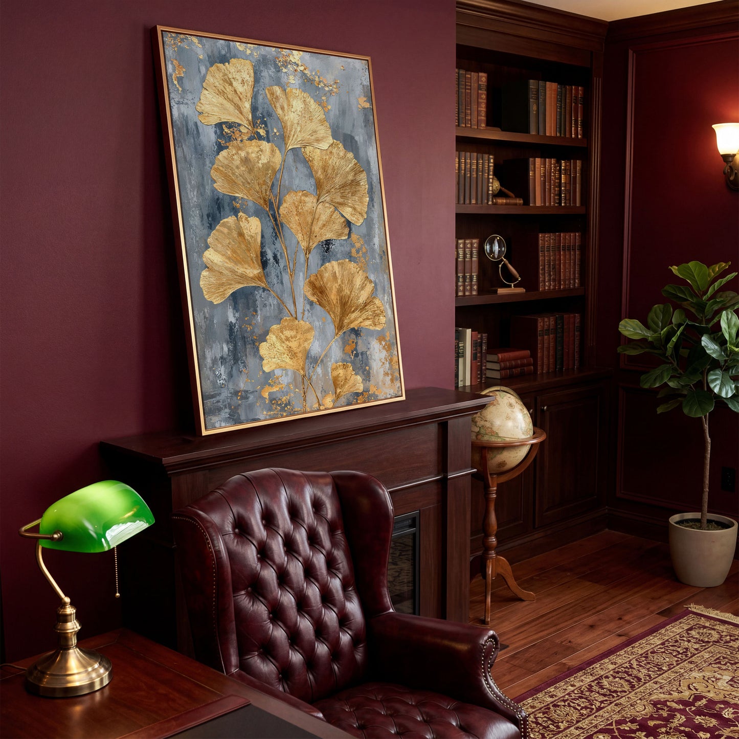 Golden Ginkgo Leaves on Slate Canvas in antique gold floating frame