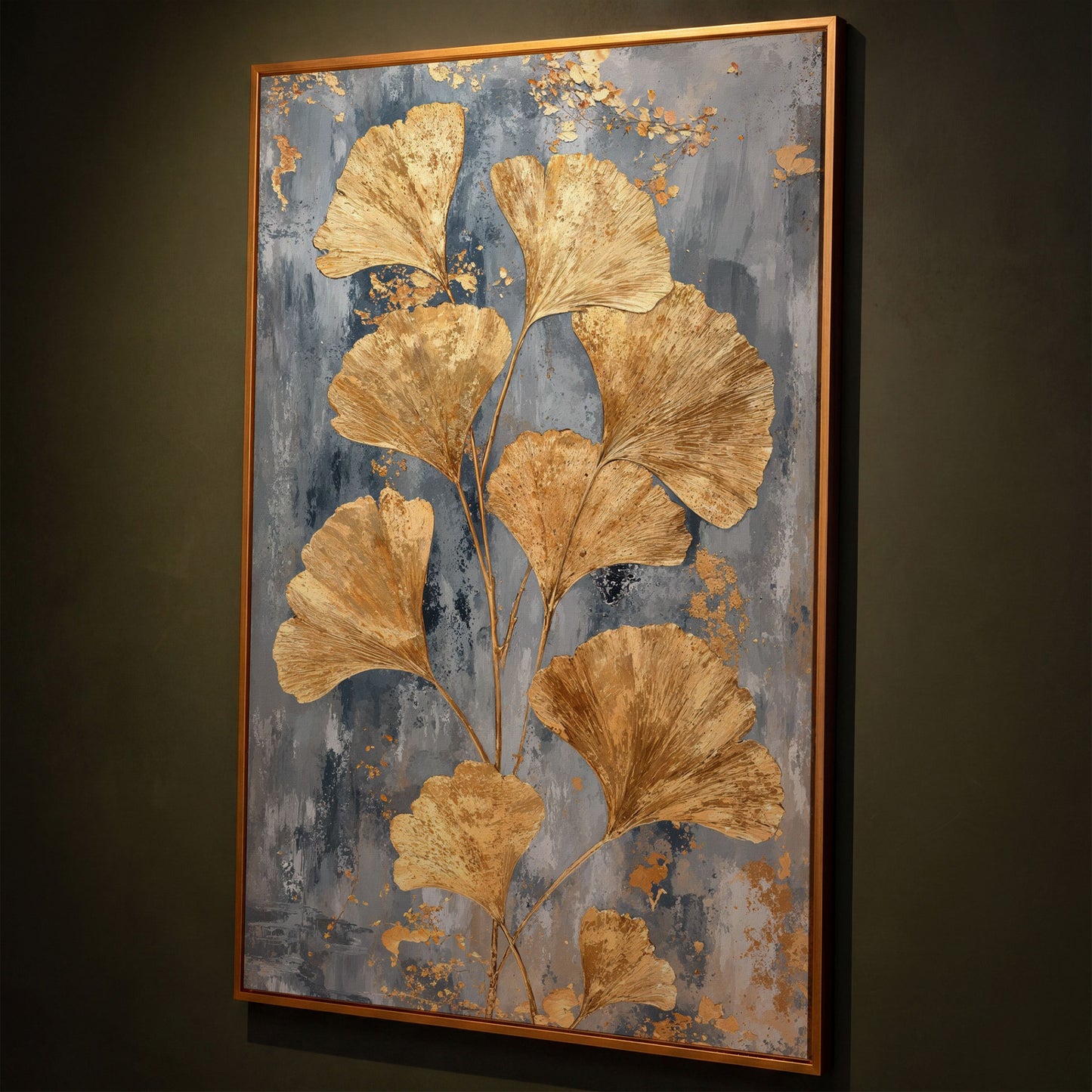 Golden Ginkgo Leaves on Slate Canvas shown in antique gold floating frame