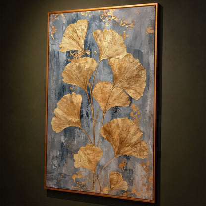 Golden Ginkgo Leaves on Slate Canvas shown in antique gold floating frame