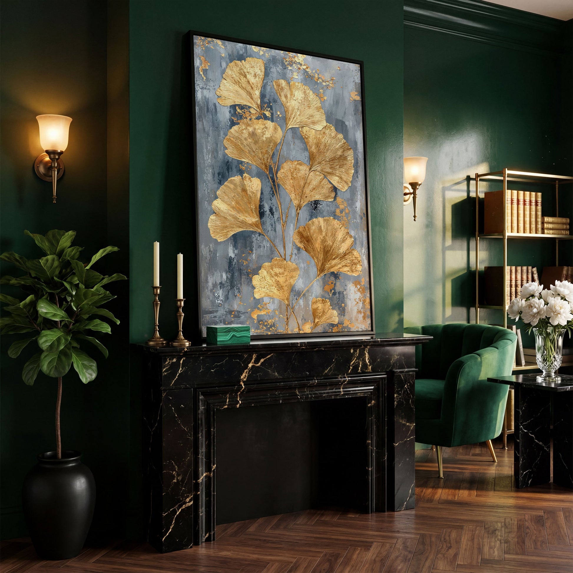 Golden Ginkgo Leaves on Slate Canvas in black floating frame