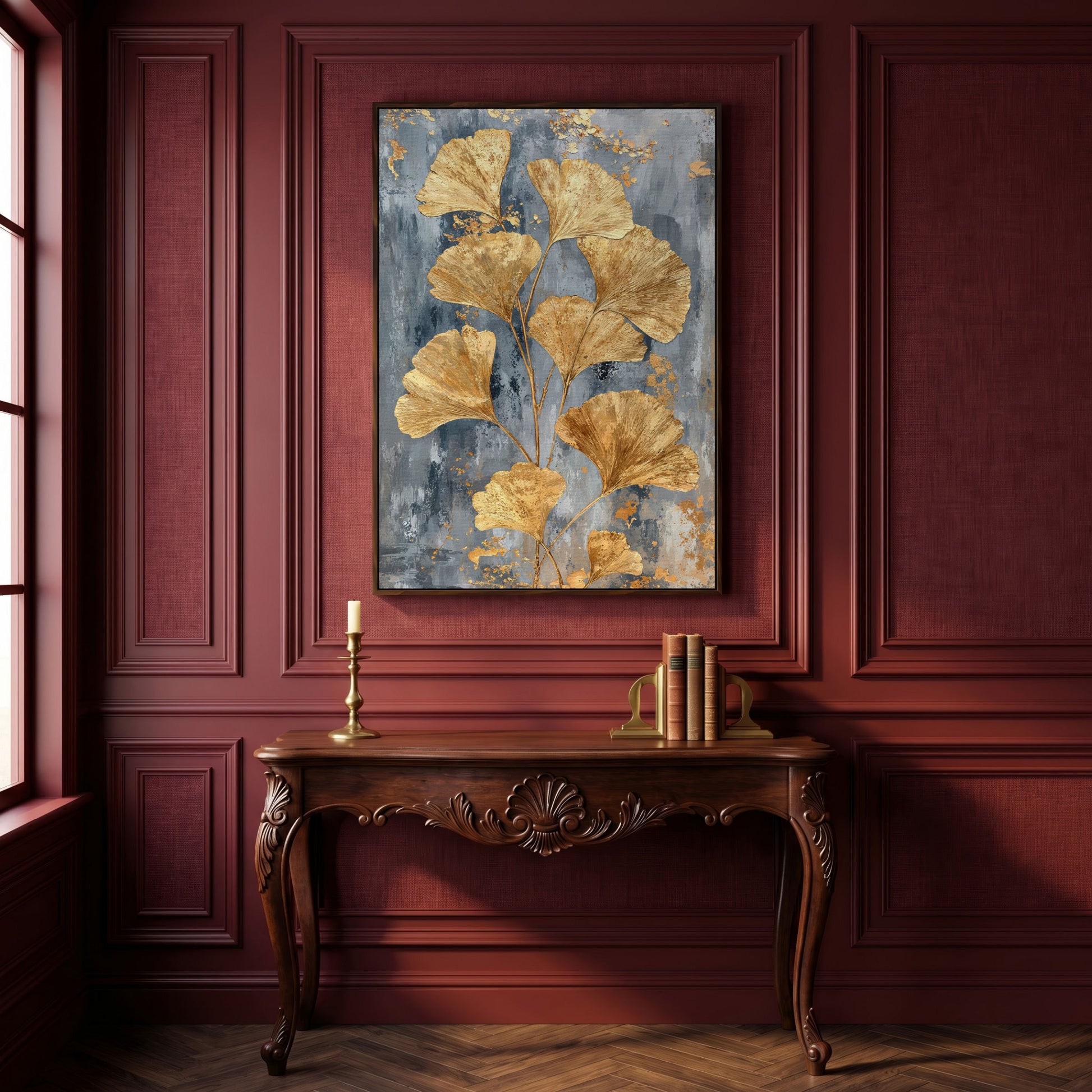 Golden Ginkgo Leaves on Slate Canvas in dark walnut floating frame