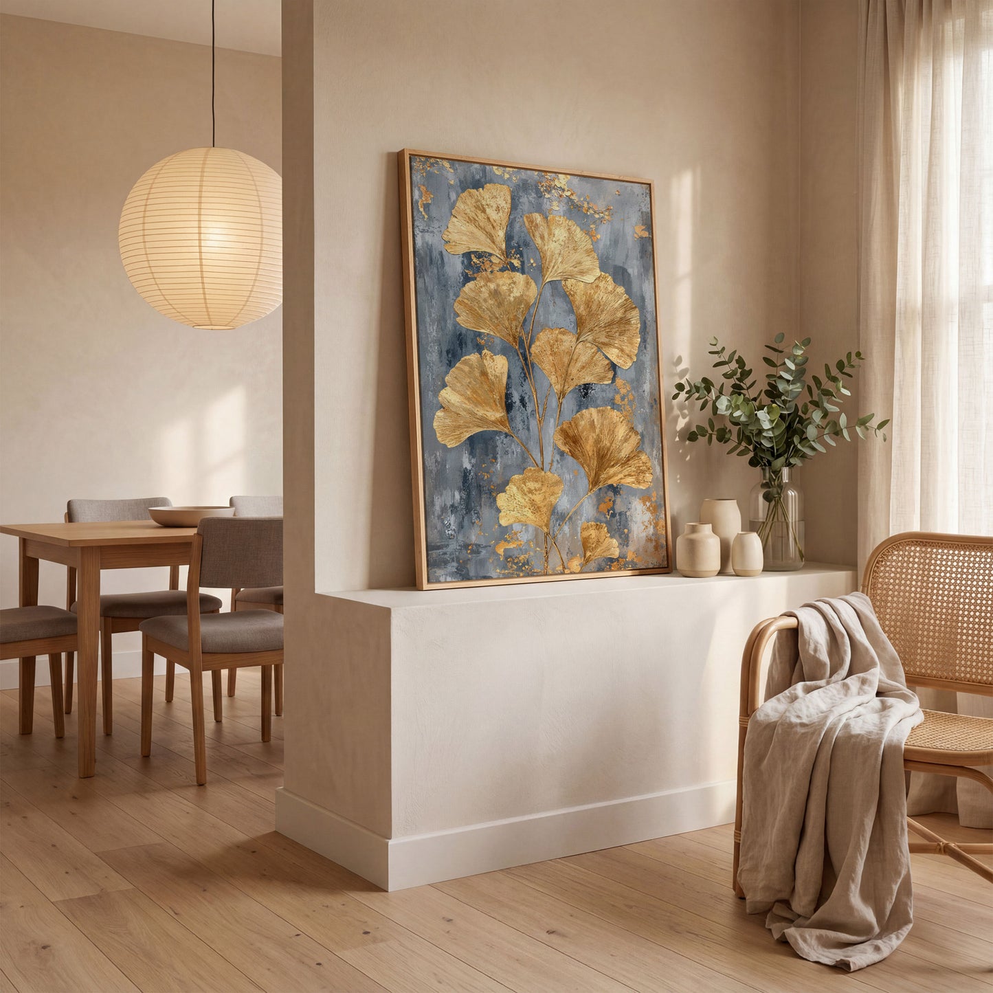 Golden Ginkgo Leaves on Slate Canvas in white oak floating frame
