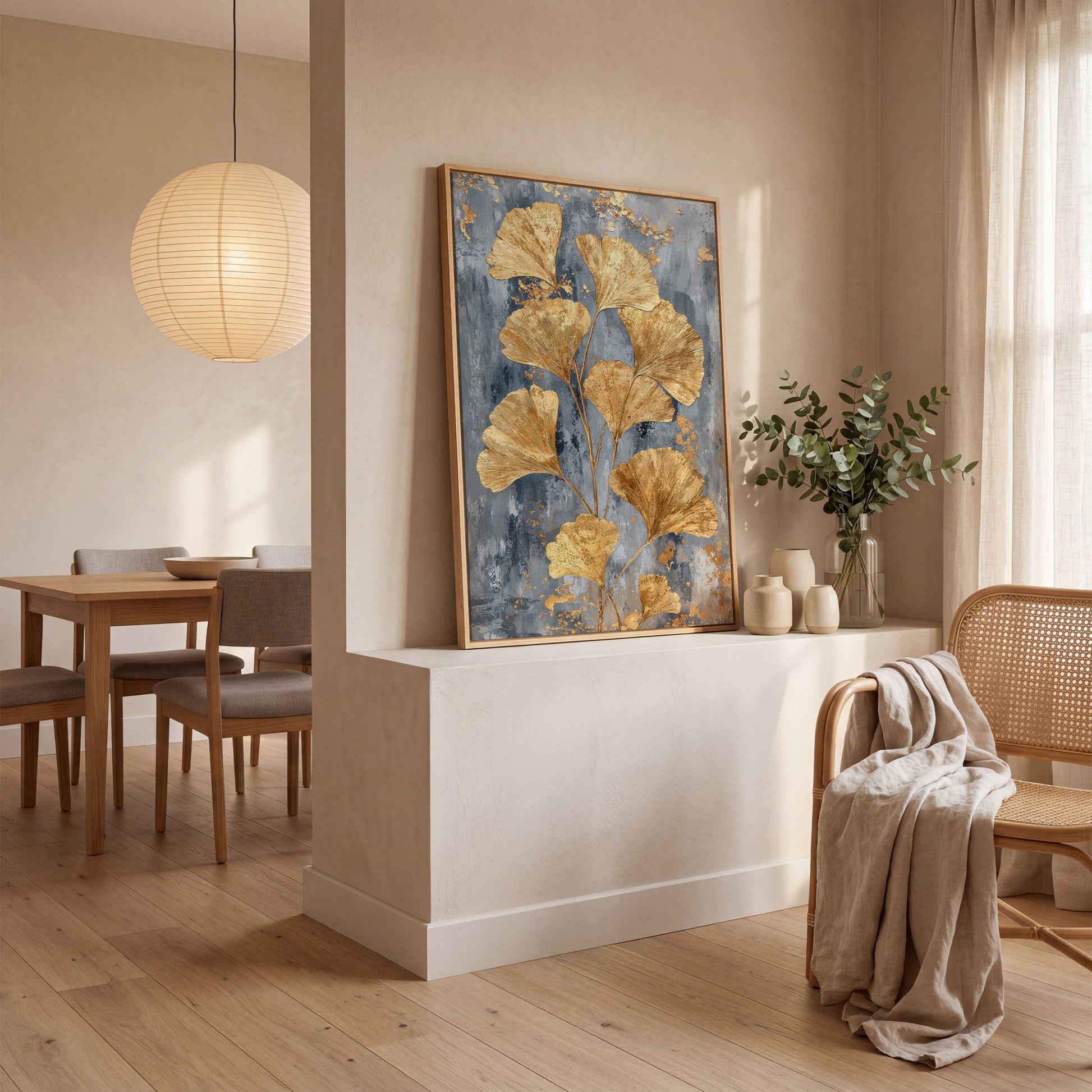 Golden Ginkgo Leaves on Slate Canvas in white oak floating frame