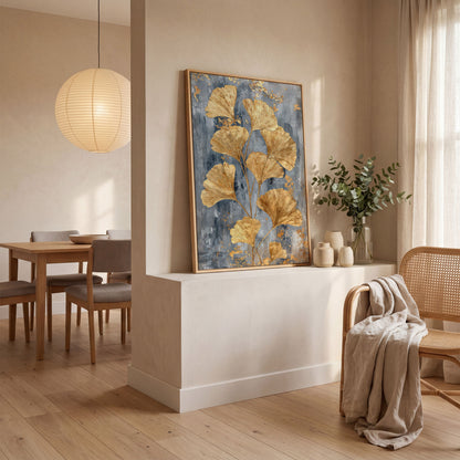 Golden Ginkgo Leaves on Slate Canvas in white oak floating frame