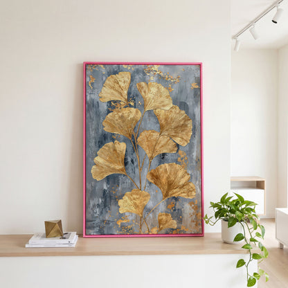 Golden Ginkgo Leaves on Slate Canvas in pink floating frame