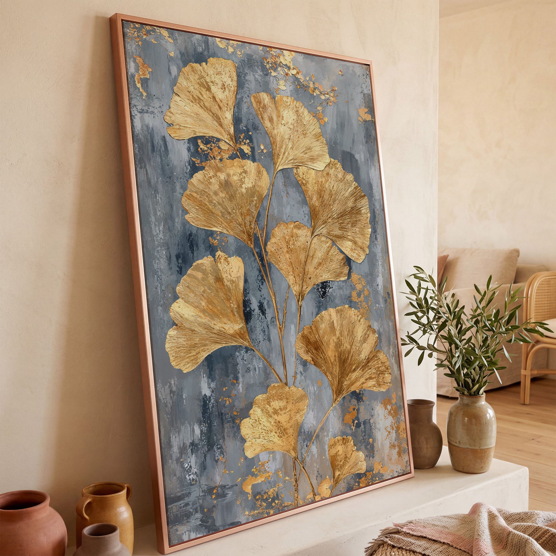 Golden Ginkgo Leaves on Slate Canvas in rose gold floating frame