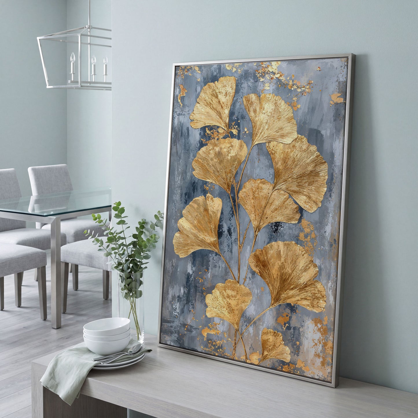 Golden Ginkgo Leaves on Slate Canvas in silver floating frame