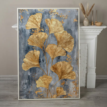 Golden Ginkgo Leaves on Slate Canvas in white floating frame